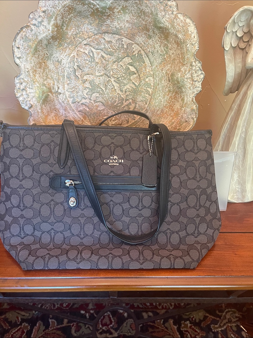 Coach Brown Signature Canvas Tote with Black Trim